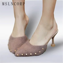 Size 34-43 New fashion pointed toe spring Autumn Summer Flock shoes woman elegant high heels women slippers Pearls rivets slides цена Size 34-43 New fashion pointed toe spring Autumn Summer Flock shoes woman elegant high heels women slippers Pearls rivets slides цены онлайн