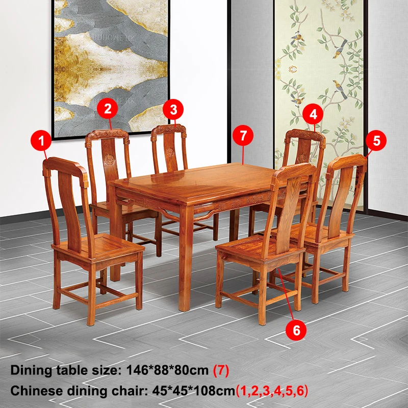 Hedgehog rosewood square Table Set 6 Chair Solid Wood Armchair Desk Classic Red wooden Annatto Dining Room Furniture set