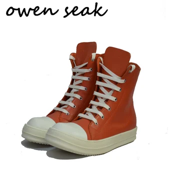 

Owen Seak Men Casual Shoes Genuine Leather High-TOP Ankle Boots Sneaker Luxury Trainers Male Lace-up Zip Flat Orange Big Shoes