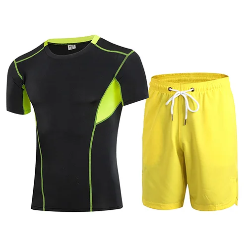 Летний для мужчин's комплект для бега тренажерный зал фитнес-плотно рубашки с короткими рукавами и шорты для женщин спортивный костюм дышащие черны - Цвет: topBgreen pant yello