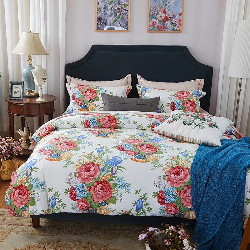 big Red flower print bedding set soft thick sanding cotton linens Queen King size duvet cover set sheet pillowcase