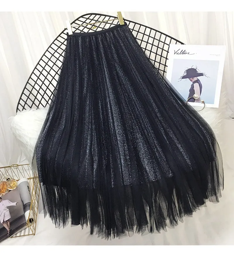 Женские элегантные блестящие миди длинные юбки для дам корейские повседневные с высокой талией плиссированные черные сетчатые тюлевые юбки Saias Лето SK323