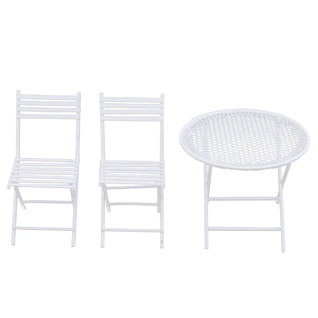 1/12 Scale White Round Table Chairs Furniture Set for Dollhouse Balcony Garden