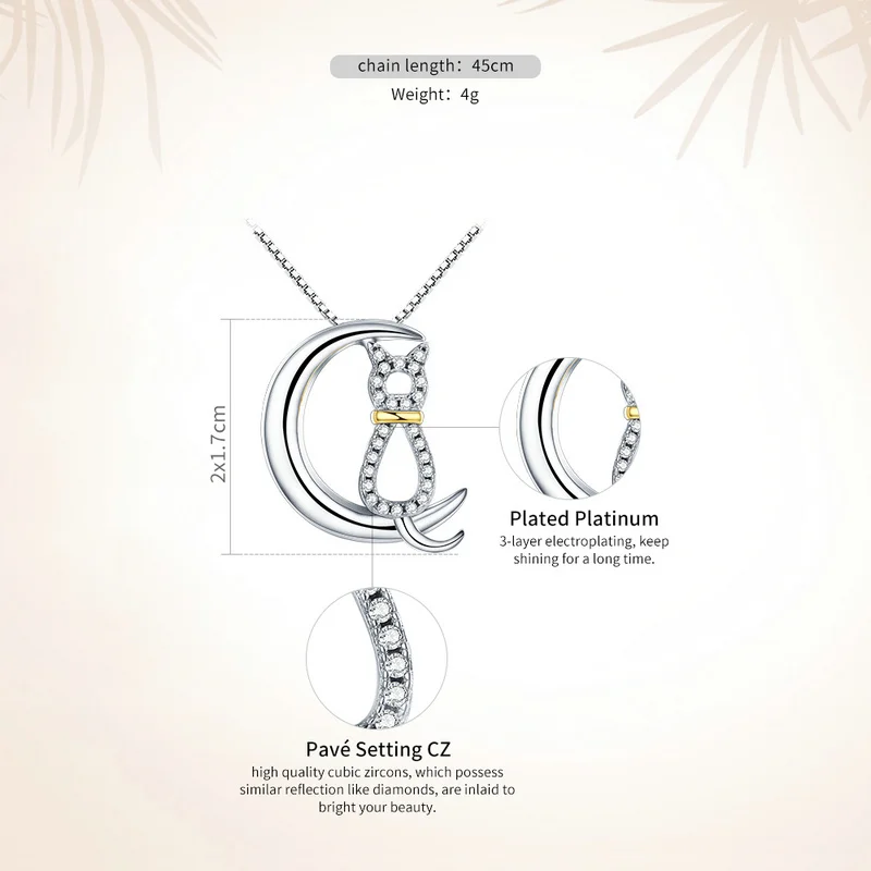 BAMOER Лидер продаж подлинные 925 пробы серебряные Модные женские ожерелья с лунным котом прозрачные CZ Роскошные ювелирные изделия из стерлингового серебра SCN122