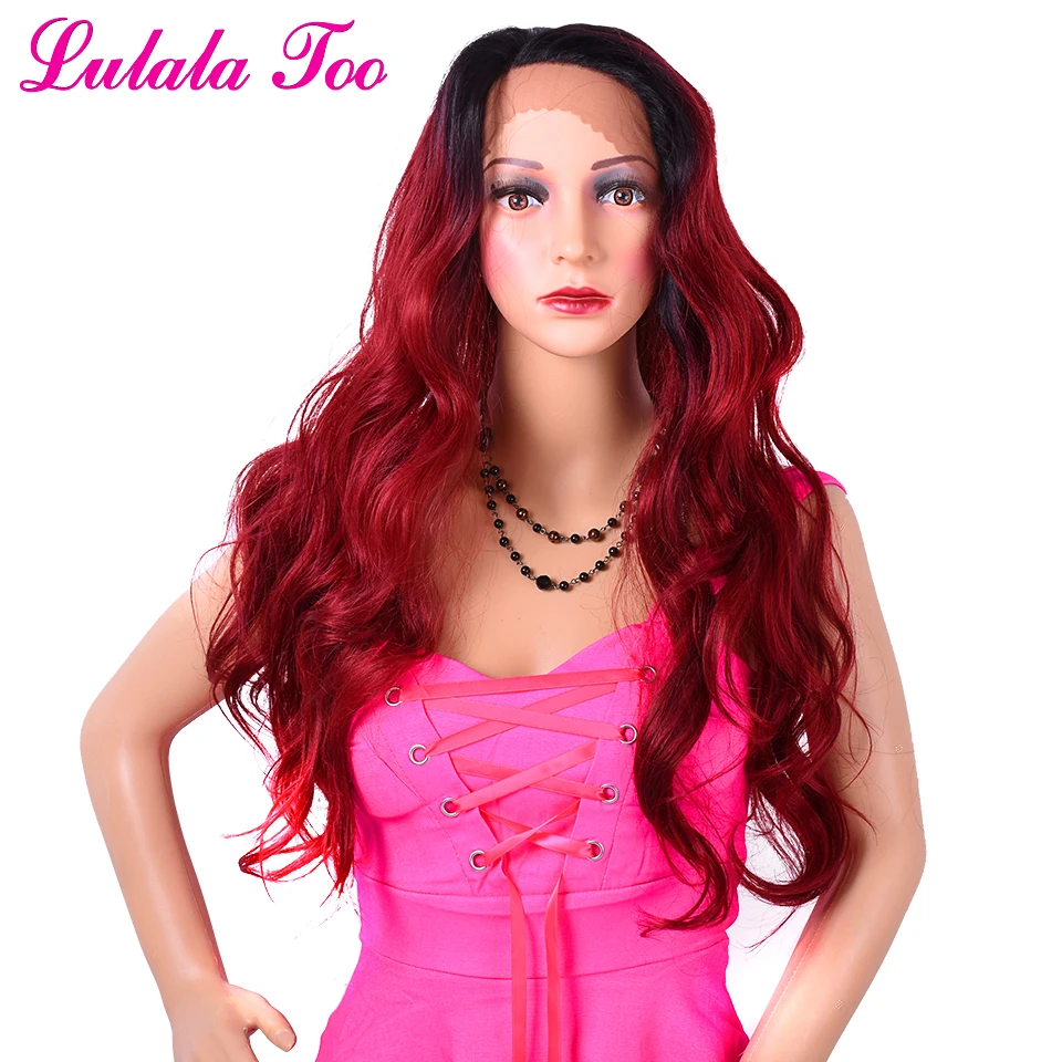 

Ombre Wine Red Synthetic Lace Front Wig For Black Women Body Wave 28inch Long Burgundy African American Glueless Hair Replacemen