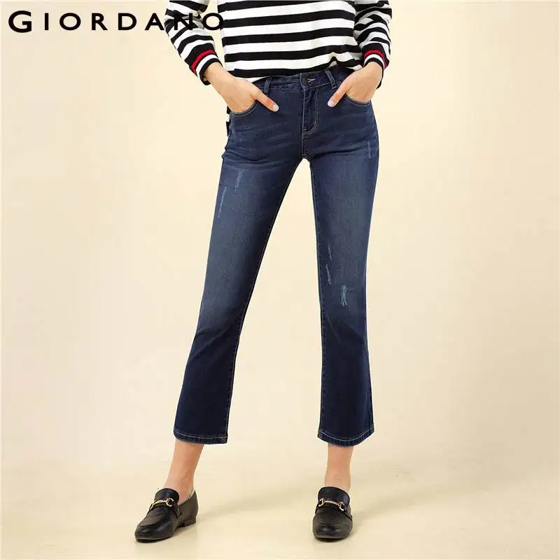 Giordano Donne di Lunghezza Della Caviglia Dei Jeans Sfilacciati Dei Jeans  Svasati Whiskering Indossato Pantaloni In Denim Mid Salita Hembra Button  Zip Vestiti Famosi|jeans ankle|flare jeanswomen jeans - AliExpress