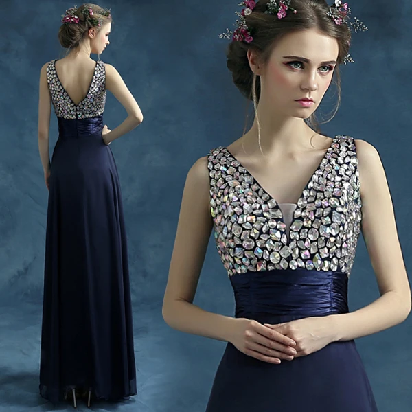 

blue chiffon rhinestone long Evening Dress 2015 new hot sexy backless v-neck robe de soire a-line vestido de festa longo