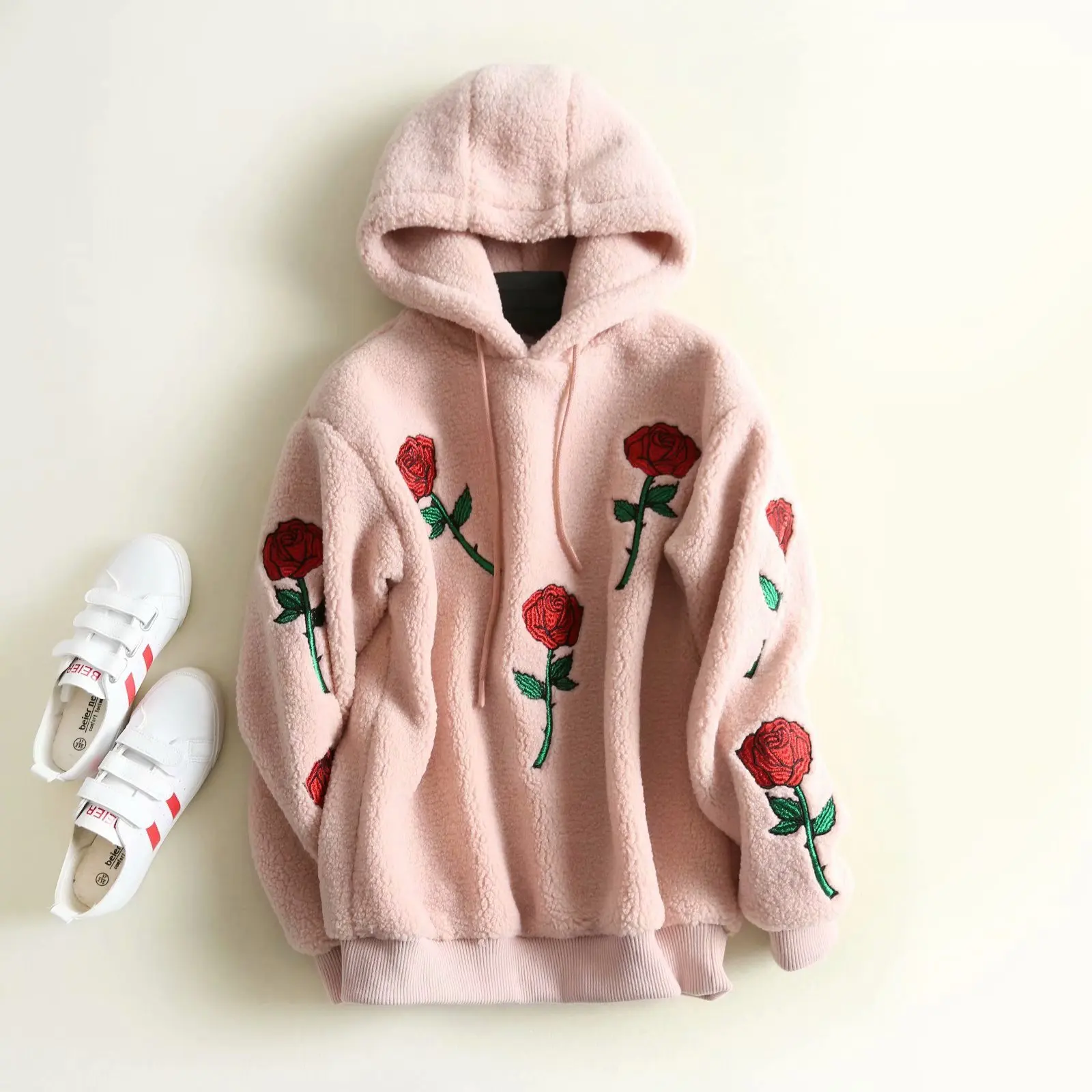 

Valentine Women Sweatshirt Embroidery Roses Hoodies Pink Sweatshirts woman Clothing Plus Size Streetwear