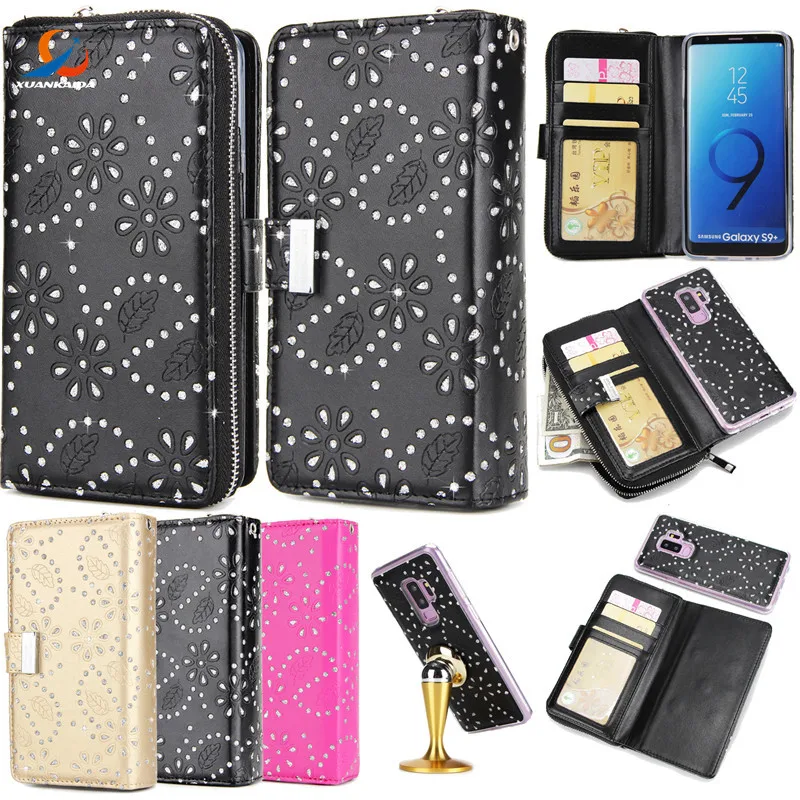 

Luxury Zip Wallet Starry Bling Magnetic Flip Leather Case Zipper For Samsung S9 Plus S8 S7 edge S6 For Iphone X XS 7 8 6 5