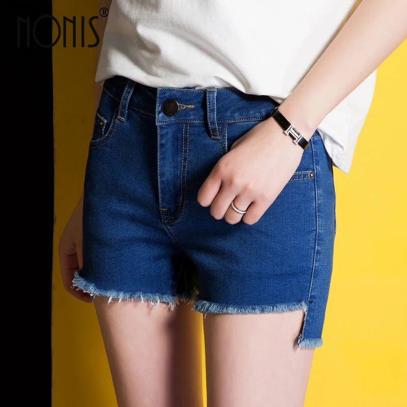 

Nonis Denim Shorts Front Back asymmetry Burr Plus Size 26-32 Female Short Jeans for Women Summer Ladies Hot Shorts