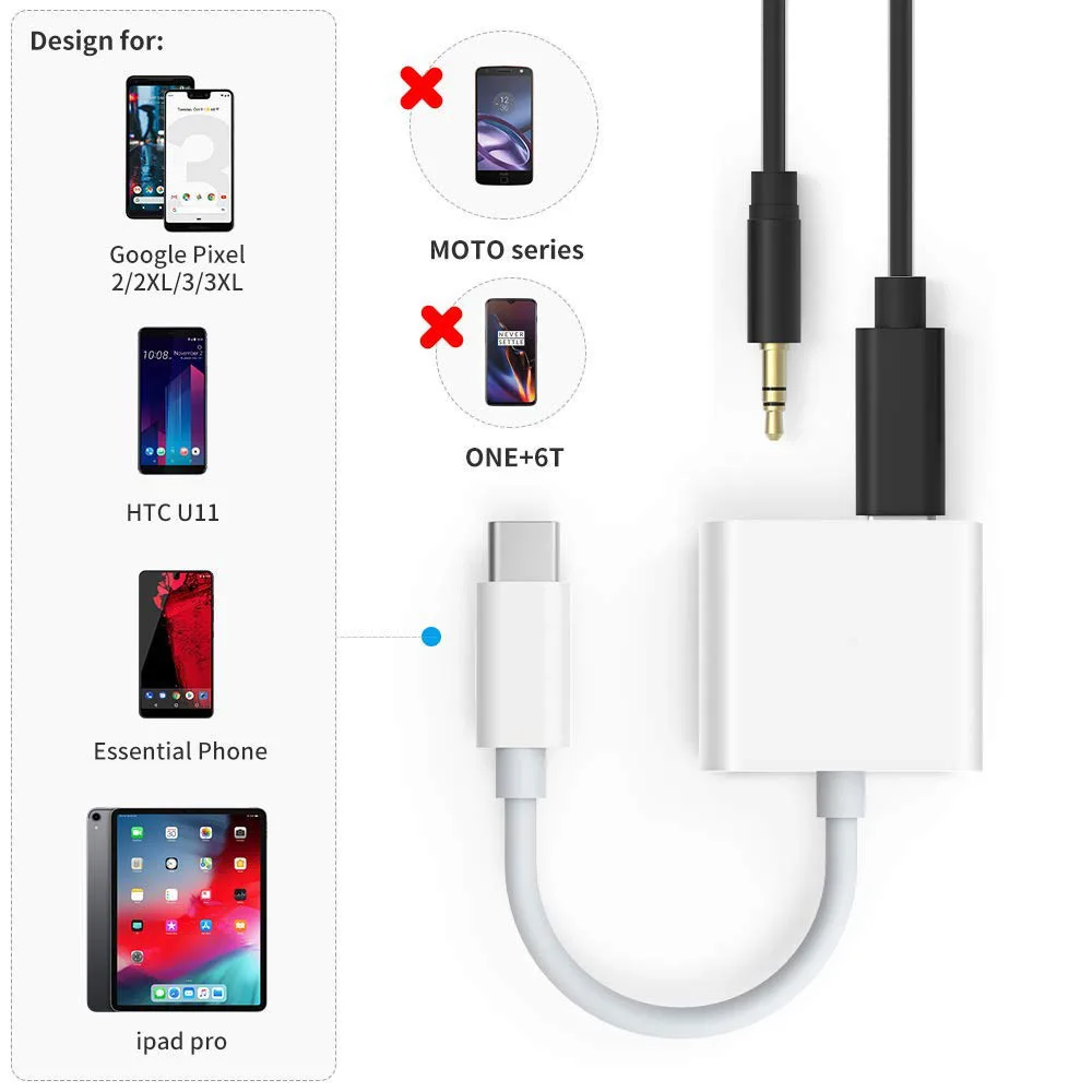 Адаптер для наушников 2 в 1 с разъемом USB C на 3 5 мм быстрой зарядкой А телефона Pixel HTC