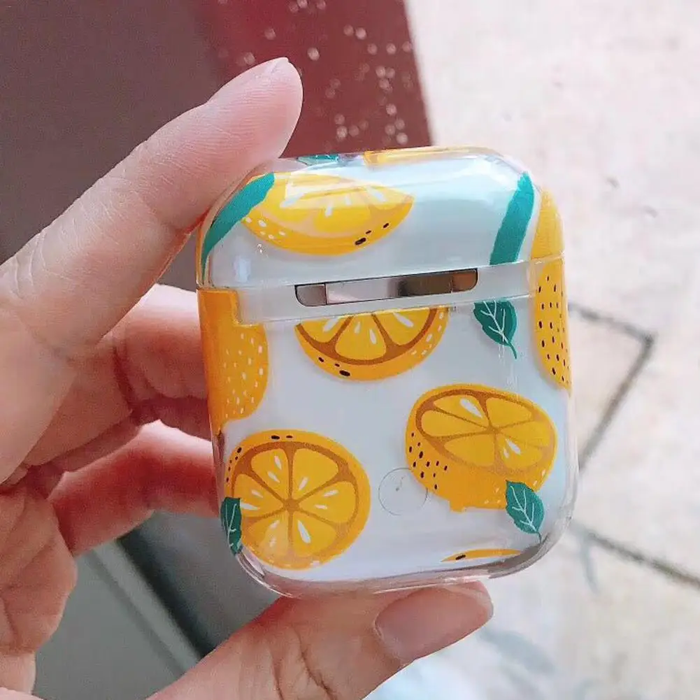 Защитный чехол для Airpods прозрачный с рисунком лимон клубника гардения