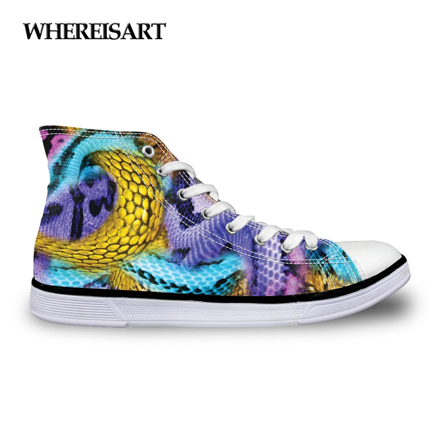 

WHEREISART 2019 Fashion All Match Women Shoes High Top Canvas Shoes Casual Lace up Vulcanize Shoes for Female Serpentine Print