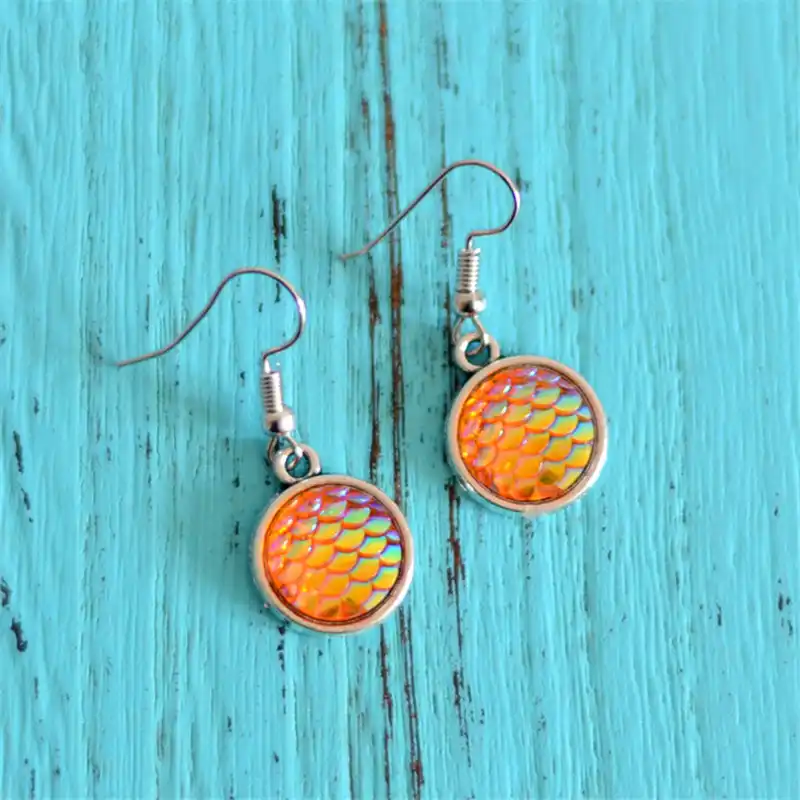 Ручной работы Drusy Смола Круглые бусы серьги Русалка рыбья чешуя Pattern моды Мода