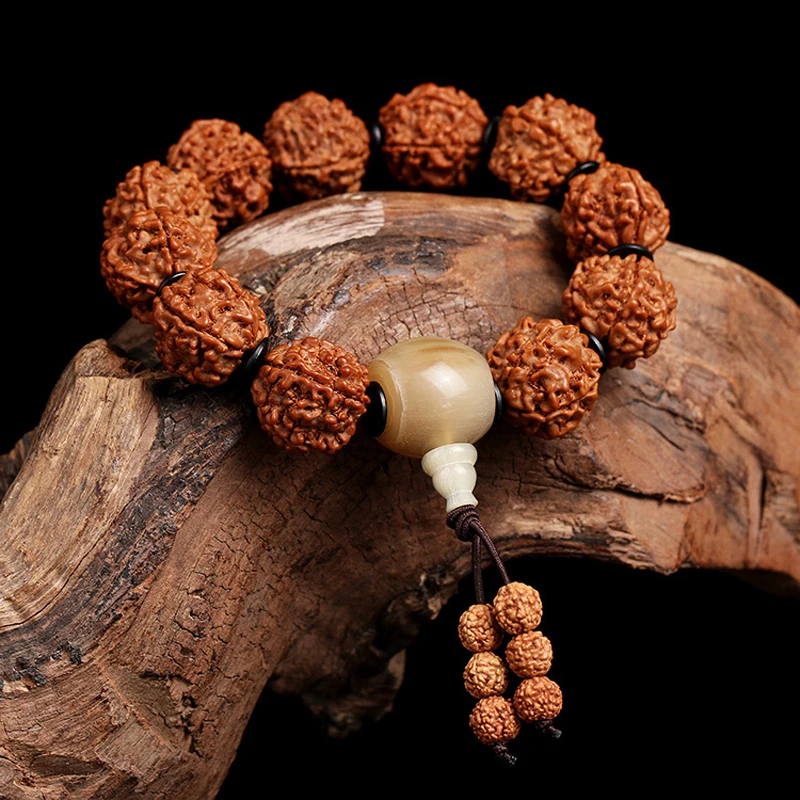 Etnici Nepal Perle Tonde Rudraksha Bodhi Semi Kingkong Bodhi Braccialetto 18Mm Buddha Braccialetti Di Preghiera Japa Mala Wristband Del Corno Del Bue