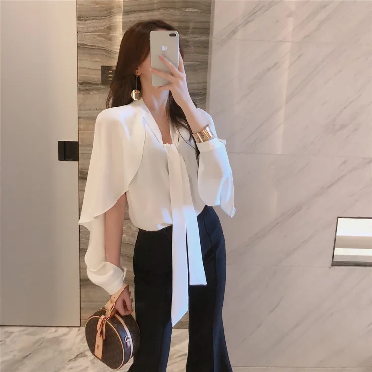 

Elegant Cloak Sleeve Office Lady White Shirt 2019 Autumn New Long Sleeve Women Shirt Bowtie Women Blouse Tops Blusas Chemise