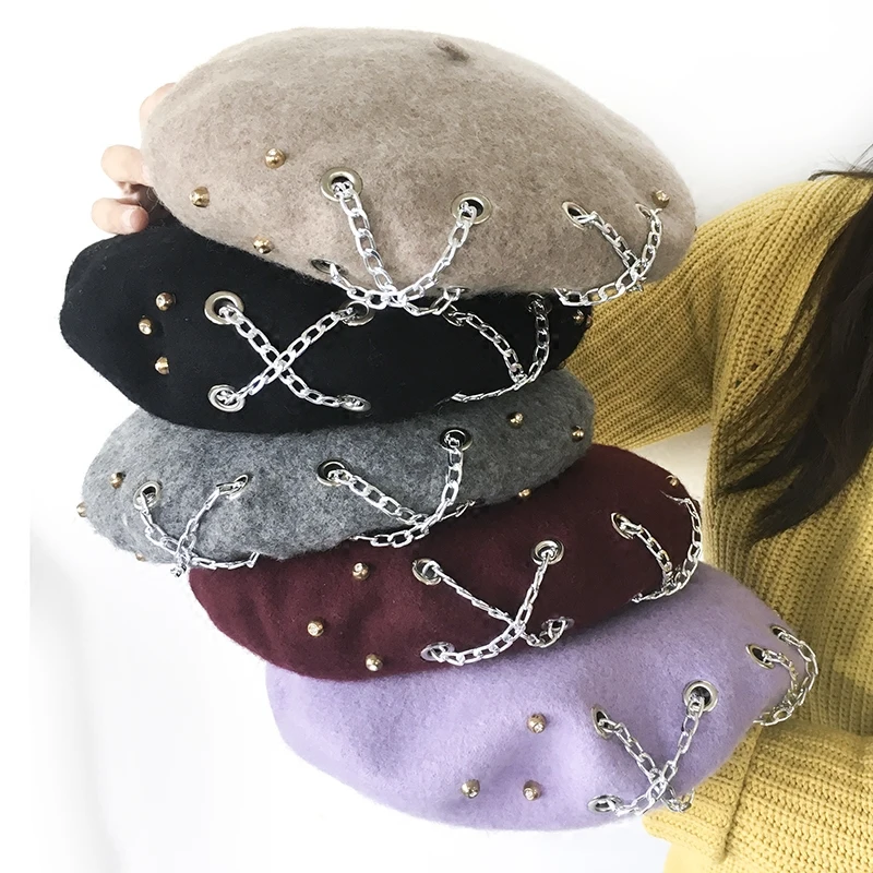 

Chains Beret Hat Women 2018 Spring New Hot Fashion Female British Style Woolen Casual Berets Hats Caps