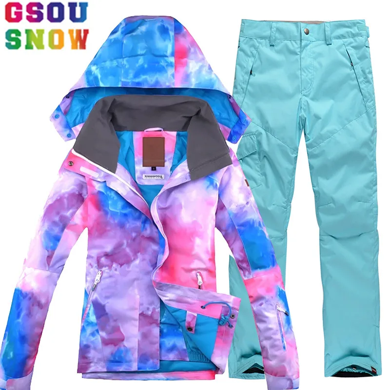 

GSOU SNOW Brand Ski Suit Women Ski Jacket Snowboard Pants Winter Waterproof Mountain Skiing Suit Cheap Outdoor Sports Clothing