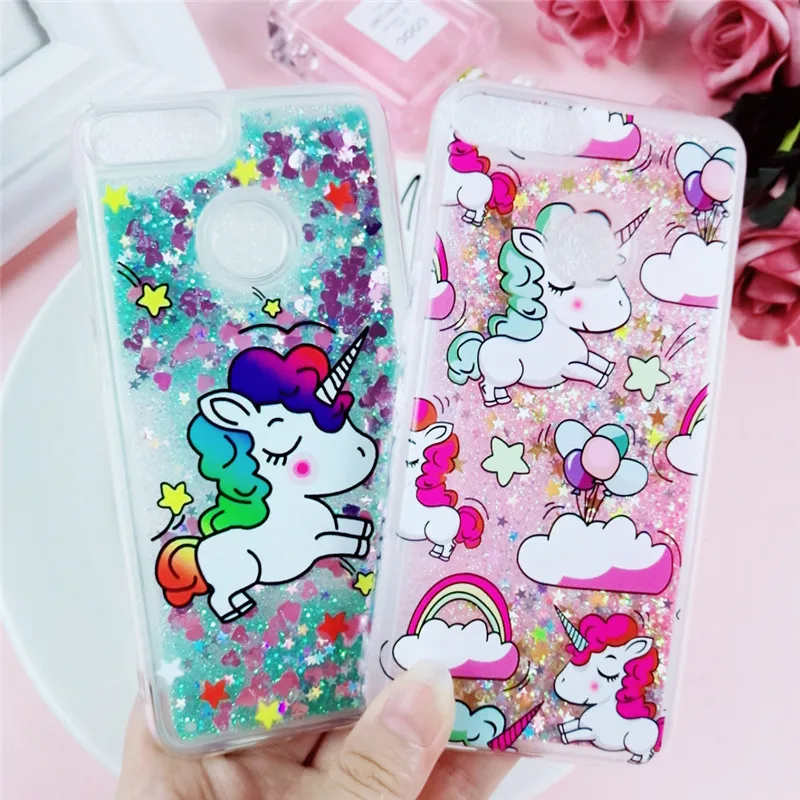 

PSmart Unicorn Glitter Case on for Fundas Huawei P Smart Case Dynamic Liquid Soft Silicon Phone Cover for Huawei Enjoy 7S Cases