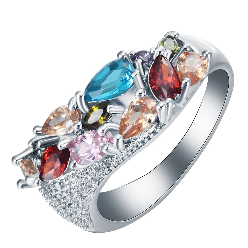 

cz finger ring Colorful Fashion pink blue red champagne Rainbow Zircon high quality Women Wedding Ring Free shipping