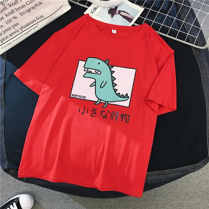 Новинка; Летняя женская футболка с круглым вырезом и коротким рукавом; свободная футболка с принтом маленького монстра для студентов; Модная хлопковая Футболка с рисунком динозавра в стиле Харадзюку