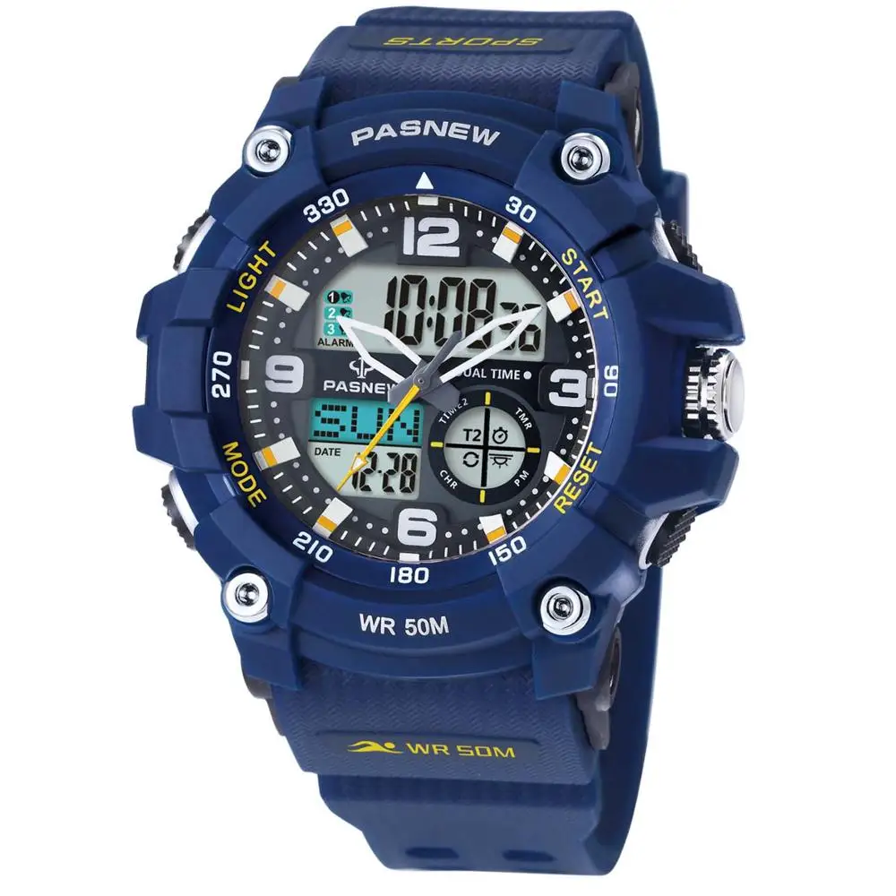 Pasnew Топ люксовый бренд Мужские часы уличные спортивные часы мужские кварцевые часы силиконовый ремешок двойной дисплей часы relogio masculino - Цвет: 467darkblue