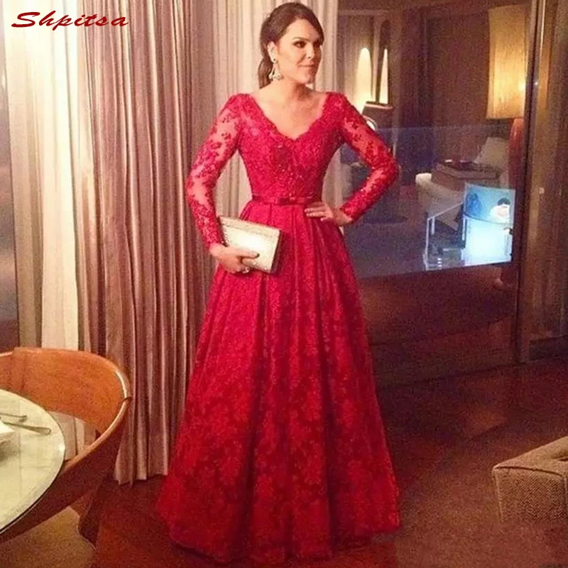 Lange Mouw Rood Moeder van de Bruid Jurken voor Bruiloft Kant EEN Lijn Avond Prom Bruidegom Godmother Diner Jurken Lange Mouw Rood Moeder van de Bruid Jurken voor Bruiloft Kant EEN Lijn Avond Prom Bruidegom Godmother Diner Jurken