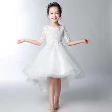 Белые Платья с цветочным узором для девочек на свадьбу; платье принцессы с бусинами; бальное платье с коротким передом и длинной спинкой; детское праздничное платье для дня рождения