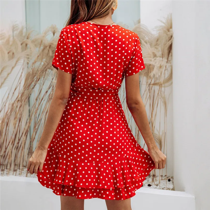 New Women Fashion Summer Casual Daily Loose Dot Printing Short Sleeve Sexy V Neck Mini Dress Evening Party Dress #4A24 (6)