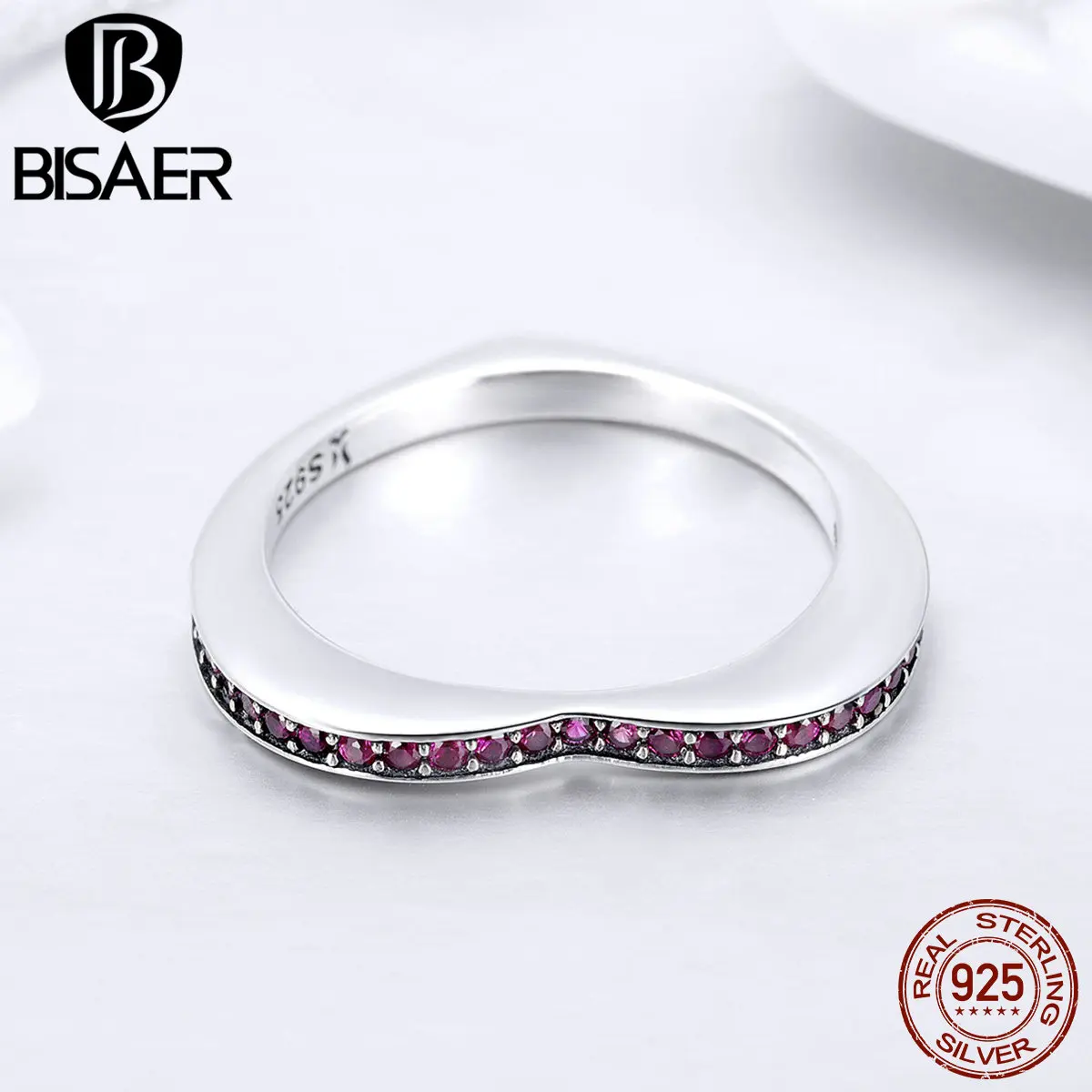

BISAER Ring for Women 925 Sterling Silver Red CZ Pave Unique Heart Finger Rings Femme Bijoux Luxury Brand Jewelry GXR427