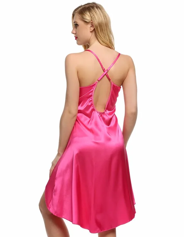 Ekouaer женское сексуальное атласное Ночное платье кружевное Женское ночное белье без рукавов Ночная рубашка с v-образным вырезом сексуальная ночная рубашка Горячая 6 цветов
