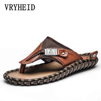 

VRYHEID Brand Men's Flip Flops Genuine Leather Luxury Slippers Beach Casual Sandals Summer for Men Fashion Shoes New Big Size 48