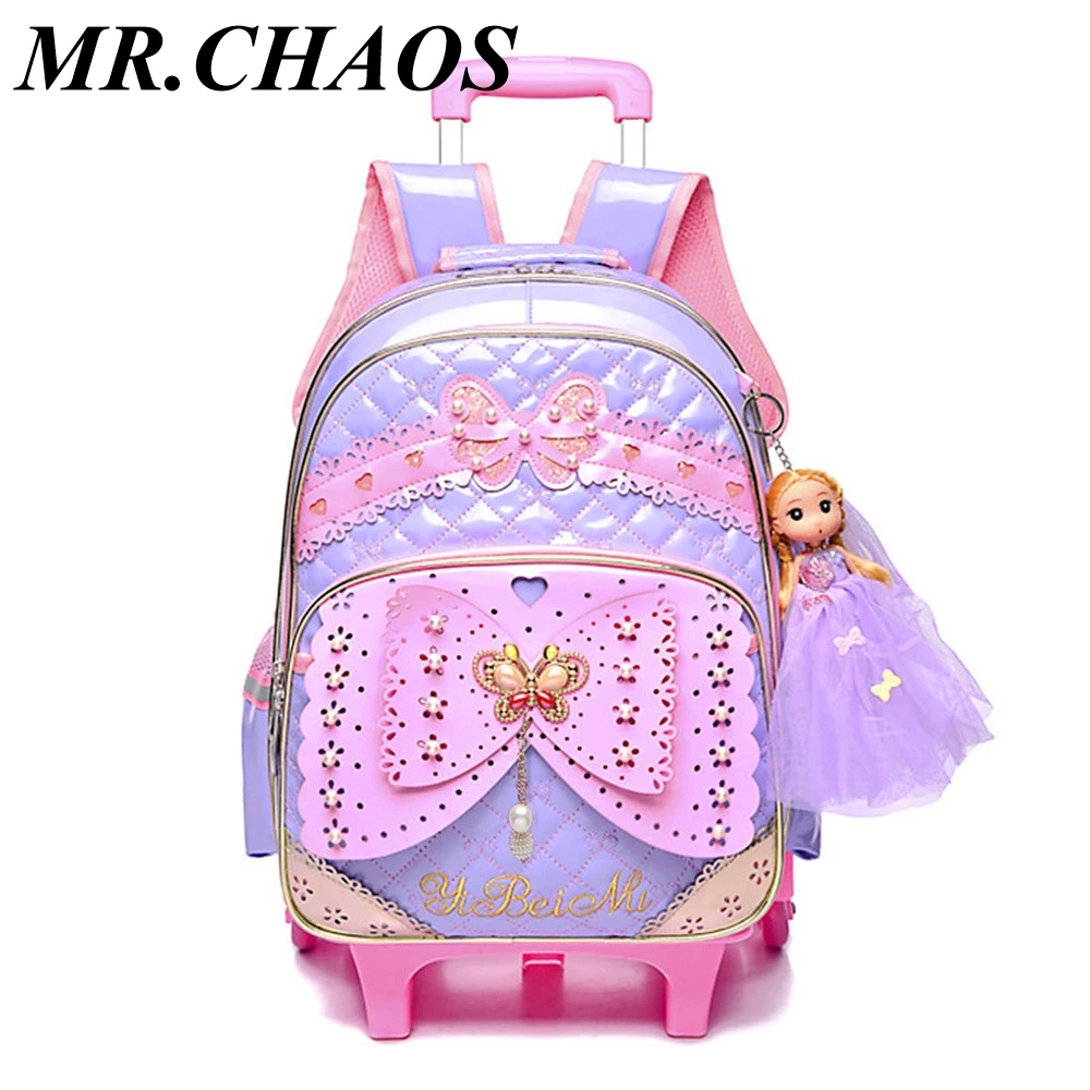 

Kids girls Trolley Schoolbag Luggage Wheeled Book Bags Backpack Latest Removable Children School Bags With 2/3 Wheels Stairs