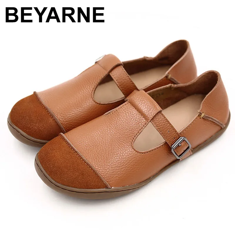 

BEYARNE 2019 Woman Ballet Flats Barefoot ballerinas women Genuine Leather Buckle Strap Ladies Flat Shoes Flat Soles E101