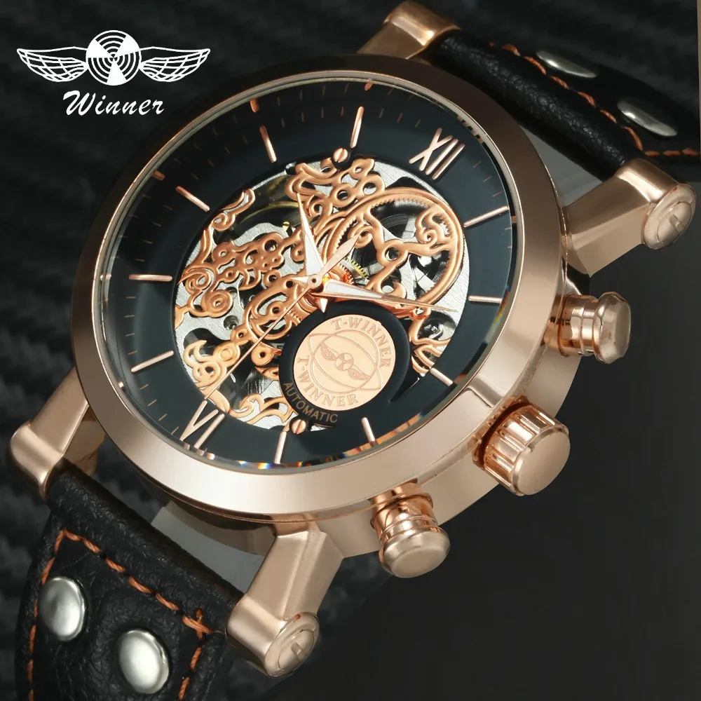 

WINNER Fashion Men's Skeleton Mechanical Watch Planet Pattern Roman Numerals Dial Leather Strap Top Brand Luxury Auto Wristwatch