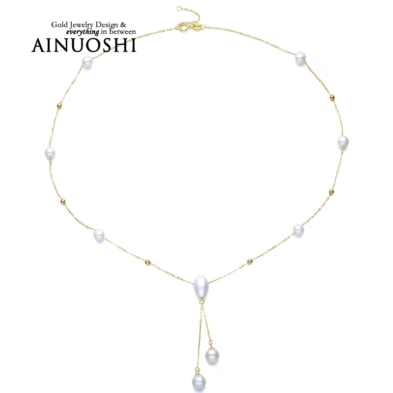 AINUOSHI 18K Yellow Gold Natural Cultured Freshwater Pearl font b Pendant b font font b Necklace