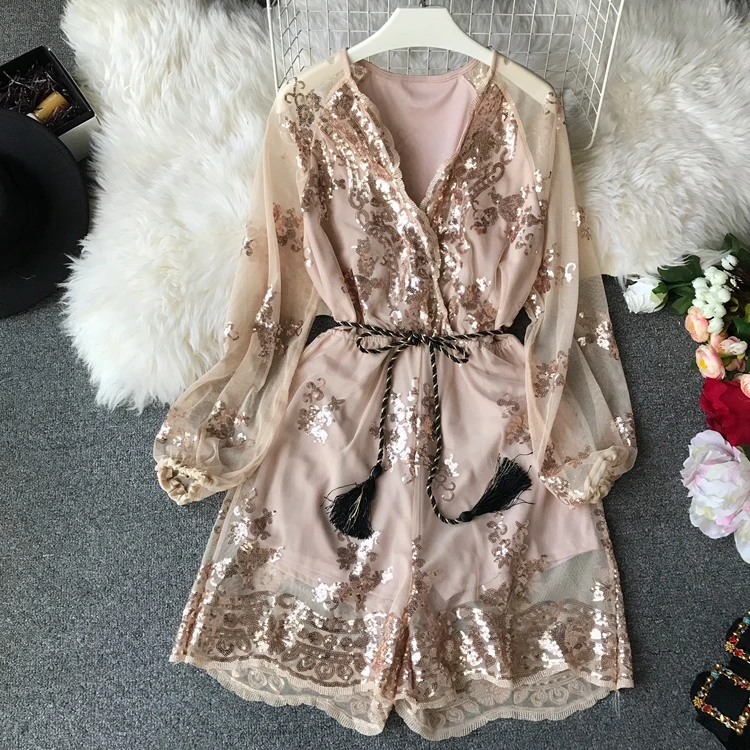 

New Spring Women Mesh appliques Sequins floral Long Sleeve Gauze wide-legging Playsuits Ladies Romper V-neck Voile Overalls