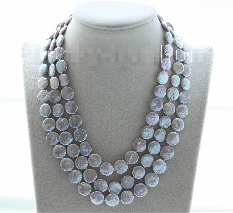 

S46YH6 >>>>>>adjustable 15.5"-17.5" 3row 12mm coin fastener gray pearls necklace j9506
