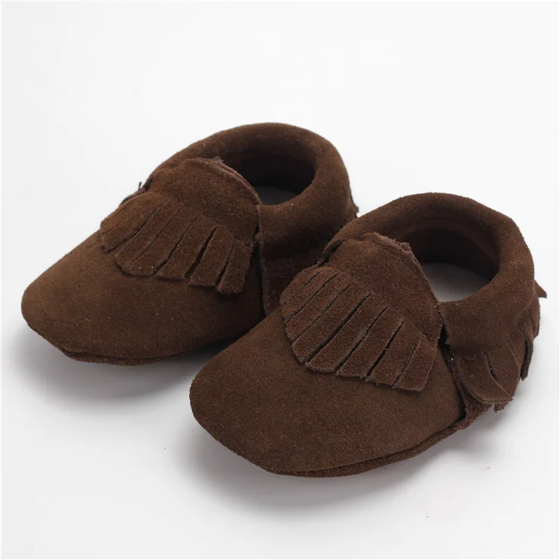 Детская обувь из натуральной кожи; мокасины для новорожденного; обувь для младенцев с бантом и бахромой - Цвет: Dark brown A