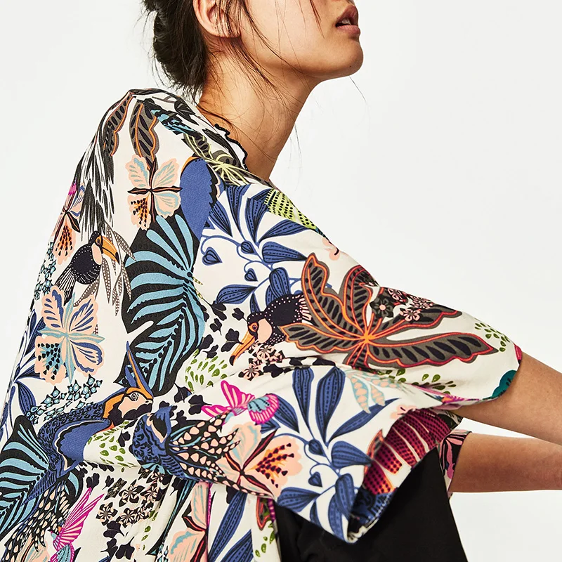 New Women Chiffon Beach Kimono Cardigan Bird Leaves Print Open Front Holiday Loose Thin Blouse Beachwear Cover Up 2019