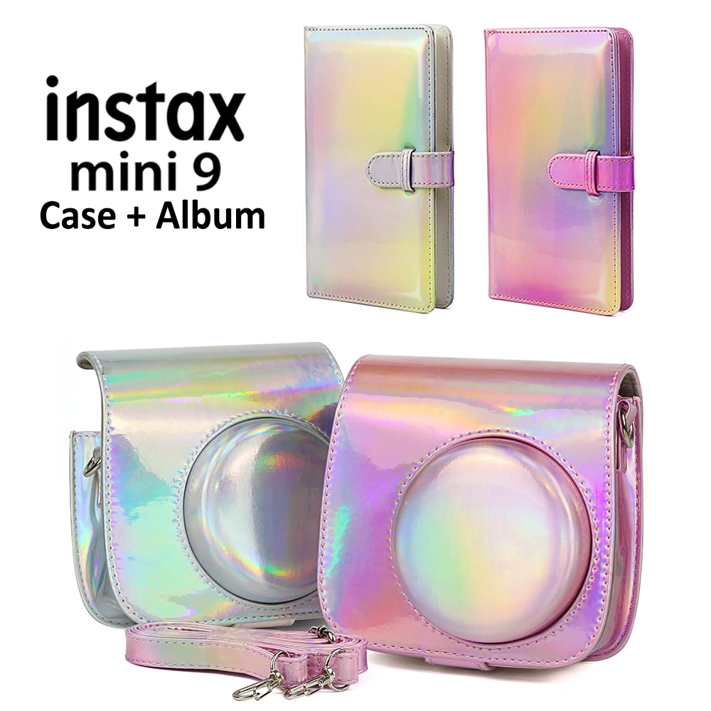

For Fujifilm Instax Mini 9 Mini 8 Camera PU Leather Fashion Shining Pink Silver Carrying Instax Case Bag + 96 Pockets Album