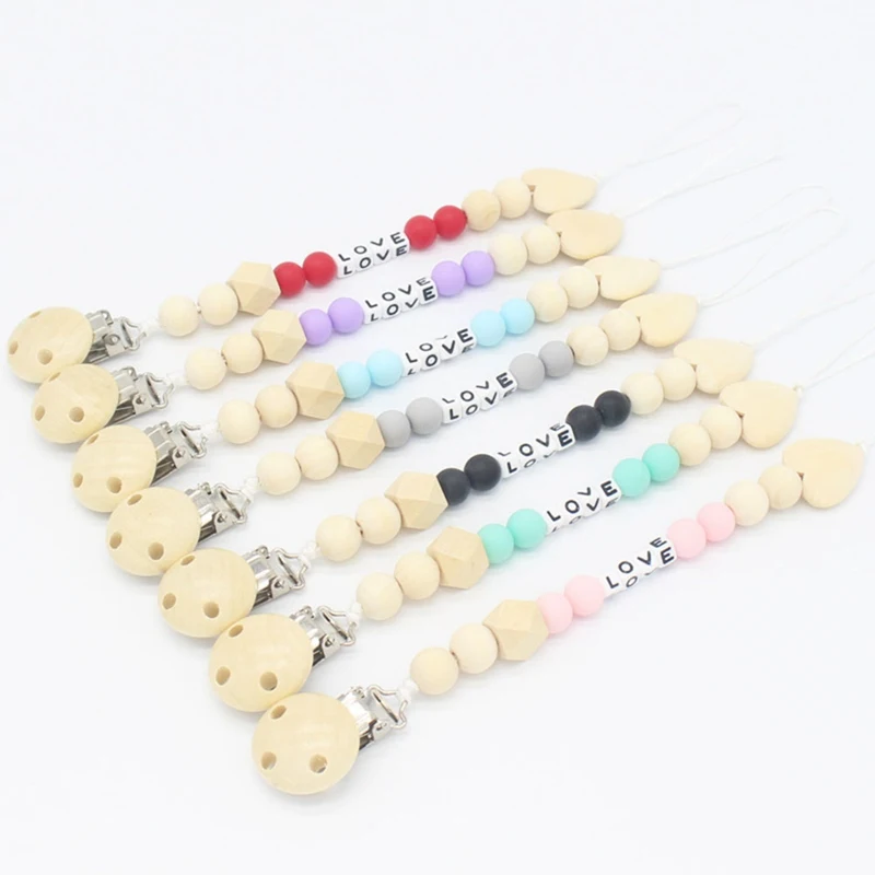 Silicone Bead Teething Pacifier Clip Wood Beads Nursing Clip Paci Clip
