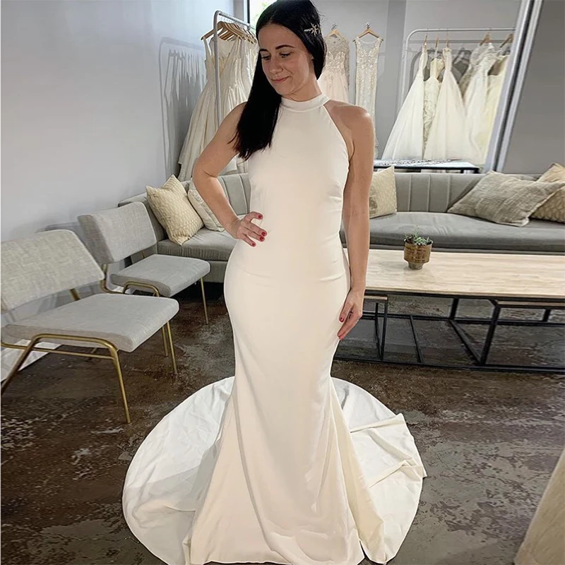 

Simple White Ivory Mermaid Wedding Dresses Halter Neck Sleeveless Vestido De Novia Sexy Backless Chapel Train Bridal Gowns New