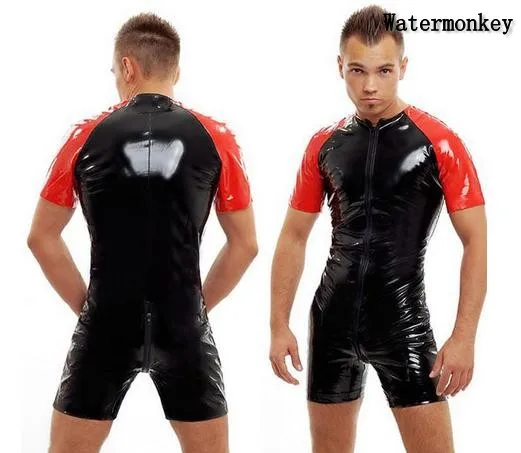 

Brand Cosplay Halloween Costumes women's Men's black red color tights PVC zipper shortsuit shorts Game funny Faux Leather