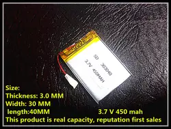 3,7 V, 450 mAH, [303040] PLIB; полимерная литий-ионная/литий-ионный аккумулятор для DVR, gps, mp3, mp4, мобильный телефон, динамик