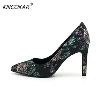 

KNCOKAR Autumn 2018 personalized embroidered shoes new high heels with thin heels and pointed heels for leisure and comfort