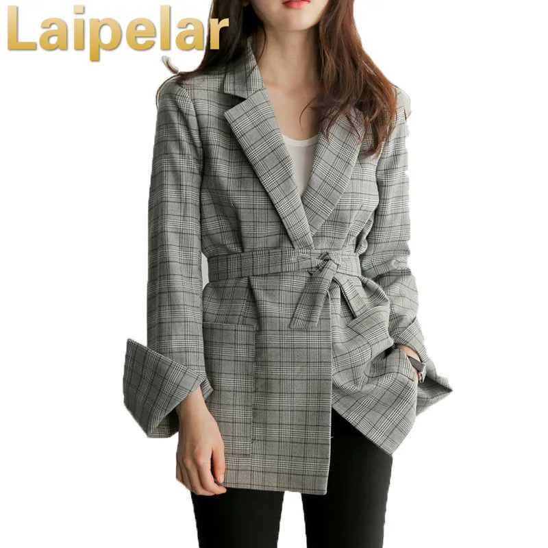 

Laipelar Women Plaid Blazers Jackets Suit Femme Long Sleeve Work Wear Blazer with Belt Female Jacket Outerwear Blazer Feminino