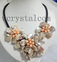 Charming Real Cultured Freshwater Pearl White Shell Flower Necklace Leather Bib Women Floral Statement Necklace Collar