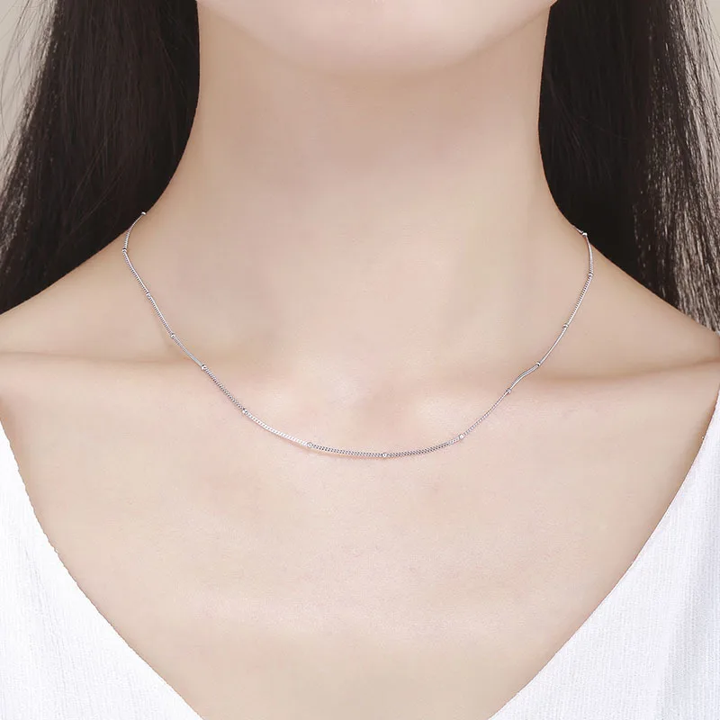 Slim 925 Sterling Silver Curb Beaded Chain Choker Necklaces Women Girls 40cm 45cm Jewelry kolye collares collane collier ketting