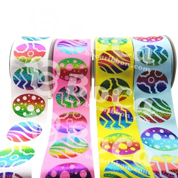 

Easter ribbon 3 inch (75mm) rainbow eggs design hologram grosgrain ribbon for Easter Day ,100yards/lot